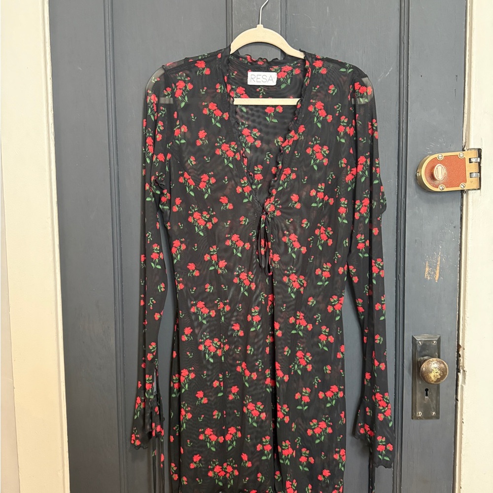 RESA Black Long Sleeve Floral Dress with Red Roses
